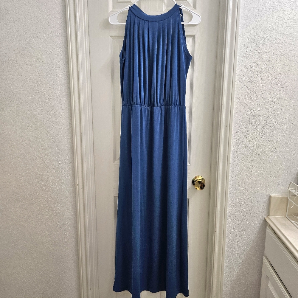 Womens Teal Blue Halter Mock Neck Solid Maxi Dress, Size M